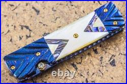 Suchat Jangtanong Custom Handmade Folding Knife Tanto Damascus Yellow Pearl