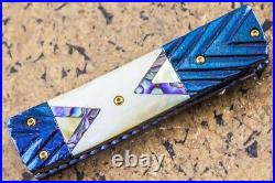 Suchat Jangtanong Custom Handmade Folding Knife Tanto Damascus Yellow Pearl