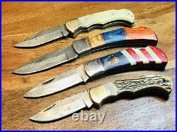 TSA CONFISCATED DAMASCUS FOLDING KNIFES BONE STAG WOOD HANDLES (Lot of 4)