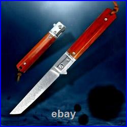 Tanto Folding Knife Pocket Flipper Hunting Survival Damascus Steel Wood Handle S