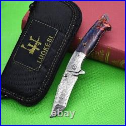 Tanto Folding Knife Pocket Hunting Survival Tactical Damascus Steel Wood Handle