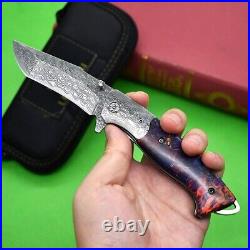 Tanto Folding Knife Pocket Hunting Survival Tactical Damascus Steel Wood Handle