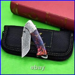 Tanto Folding Knife Pocket Hunting Survival Tactical Damascus Steel Wood Handle