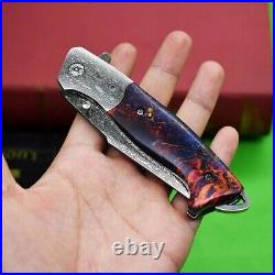 Tanto Folding Knife Pocket Hunting Survival Tactical Damascus Steel Wood Handle