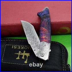 Tanto Folding Knife Pocket Hunting Survival Tactical Damascus Steel Wood Handle