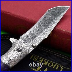 Tanto Folding Knife Pocket Hunting Survival Tactical Damascus Steel Wood Handle