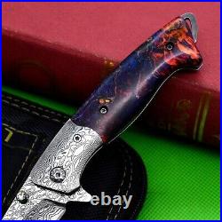 Tanto Folding Knife Pocket Hunting Survival Tactical Damascus Steel Wood Handle