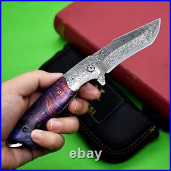 Tanto Folding Knife Pocket Hunting Survival Tactical Damascus Steel Wood Handle