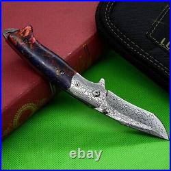 Tanto Folding Knife Pocket Hunting Survival Tactical Damascus Steel Wood Handle