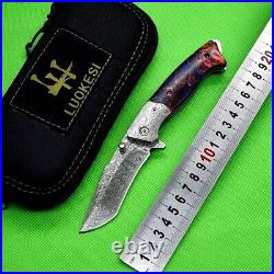 Tanto Folding Knife Pocket Hunting Survival Tactical Damascus Steel Wood Handle