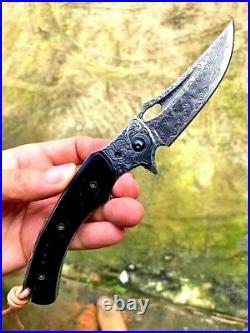 Trailing Point Folding Knife Pocket Flipper Hunting Wild Tactical Damascus Steel