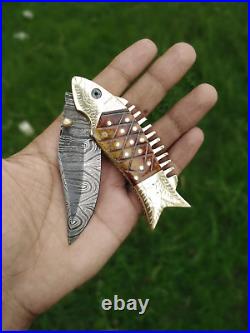 Unique Handmade Golden Fish Engraved Folding Knife Damascus Steel Blade Knife