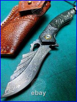 VG10 DAMASCUS HUNTING KNIFE SURVIVAL RESCUE FOLDING POCKET KNIFE WOOD With SHEATH