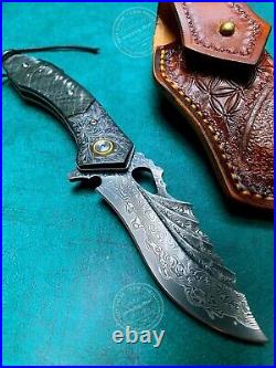 VG10 DAMASCUS HUNTING KNIFE SURVIVAL RESCUE FOLDING POCKET KNIFE WOOD With SHEATH