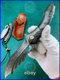 VG10 DAMASCUS HUNTING KNIFE SURVIVAL RESCUE FOLDING POCKET KNIFE WOOD With SHEATH