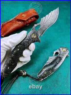 VG10 DAMASCUS HUNTING KNIFE SURVIVAL RESCUE FOLDING POCKET KNIFE WOOD With SHEATH