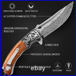 VG10 Damascus Pocket Knife Olive Wood Handle Dragon Bolster Hunting Camp VP84