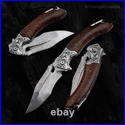 VG10 Damascus Steel Pocket Knife Survival Knife Snakewood Outdoor Collectible