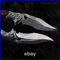 VG10 Damascus Steel Pocket Knife Survival Knife Snakewood Outdoor Collectible