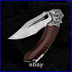 VG10 Damascus Steel Pocket Knife Survival Knife Snakewood Outdoor Collectible