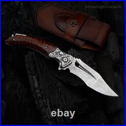 VG10 Damascus Steel Pocket Knife Survival Knife Snakewood Outdoor Collectible