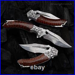 VG10 Damascus Steel Pocket Knife Survival Knife Snakewood Outdoor Collectible