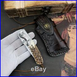 Vg10 Core Damascus Hunting Camping Army Rescue Folding Pocket Knife Sheath Horn