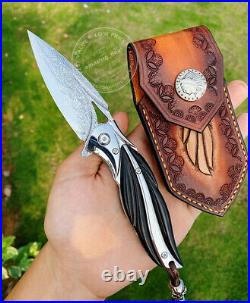 Vg10 Damascus Folding Knife Pocket Assist Ball Bearing Flipper Ebony Wood Sheath