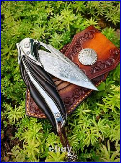 Vg10 Damascus Folding Knife Pocket Assist Ball Bearing Flipper Ebony Wood Sheath