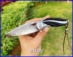 Vg10 Damascus Folding Knife Pocket Assist Ball Bearing Flipper Ebony Wood Sheath