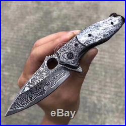 Vg10 Damascus Hunting Knife Black Folding Knife Camping Army Rescue Bone Handle