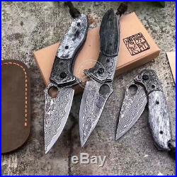 Vg10 Damascus Hunting Knife Black Folding Knife Camping Army Rescue Bone Handle