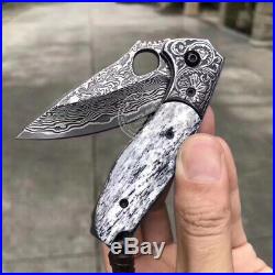 Vg10 Damascus Hunting Knife Black Folding Knife Camping Army Rescue Bone Handle