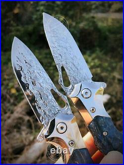 Vg10 Damascus Hunting Knife Camping Folding Pocketknife Sheath Stabilized Wood
