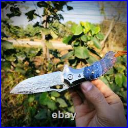 Vg10 Damascus Hunting Knife Camping Folding Pocketknife Sheath Stabilized Wood