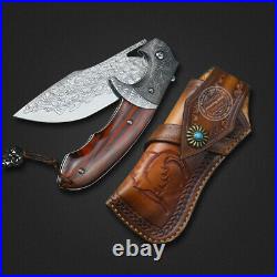 Vg10 Steel Damascus Folding Knife Pocket Knives Sheath Assist Flipper Knife Wood