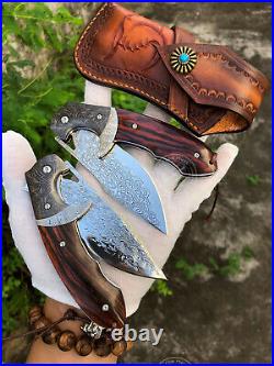 Vg10 Steel Damascus Folding Knife Pocket Knives Sheath Assist Flipper Knife Wood