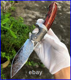 Vg10 Steel Damascus Folding Knife Pocket Knives Sheath Assist Flipper Knife Wood