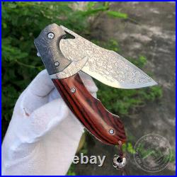 Vg10 Steel Damascus Folding Knife Pocket Knives Sheath Assist Flipper Knife Wood