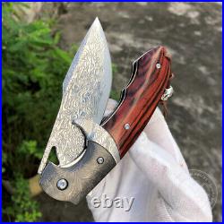 Vg10 Steel Damascus Folding Knife Pocket Knives Sheath Assist Flipper Knife Wood