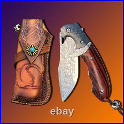 Vg10 Steel Damascus Folding Knife Pocket Knives Sheath Assist Flipper Knife Wood