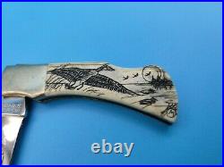Vintage Scrimshaw Folding Knife By Sam McDowell WATERFOWL Excellent Pre-owned