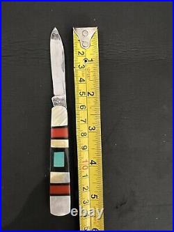 Vintage Stainless Steel Pocket Knife Southwestern MOP Turquoise Inlaid Pearl