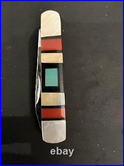 Vintage Stainless Steel Pocket Knife Southwestern MOP Turquoise Inlaid Pearl