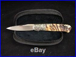 W. D. PEASE USA. CUSTOM KNIFE RAMS HORN ENGRAVED BOLSTERS FOLDING HUNTER With CASE