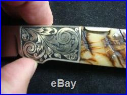 W. D. PEASE USA. CUSTOM KNIFE RAMS HORN ENGRAVED BOLSTERS FOLDING HUNTER With CASE