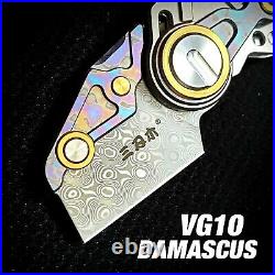Wharncliffe Folding Knife Pocket Hunting Damascus Steel Titanium Handle Necklace