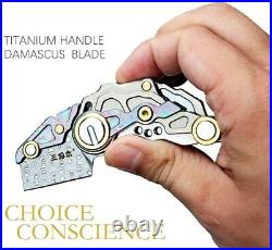 Wharncliffe Folding Knife Pocket Hunting Damascus Steel Titanium Handle Necklace