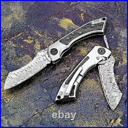 Wharncliffe Folding Knife Pocket Hunting Survival Damascus Steel Titanium Handle