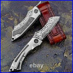 Wharncliffe Folding Knife Pocket Hunting Survival Damascus Steel Titanium Handle